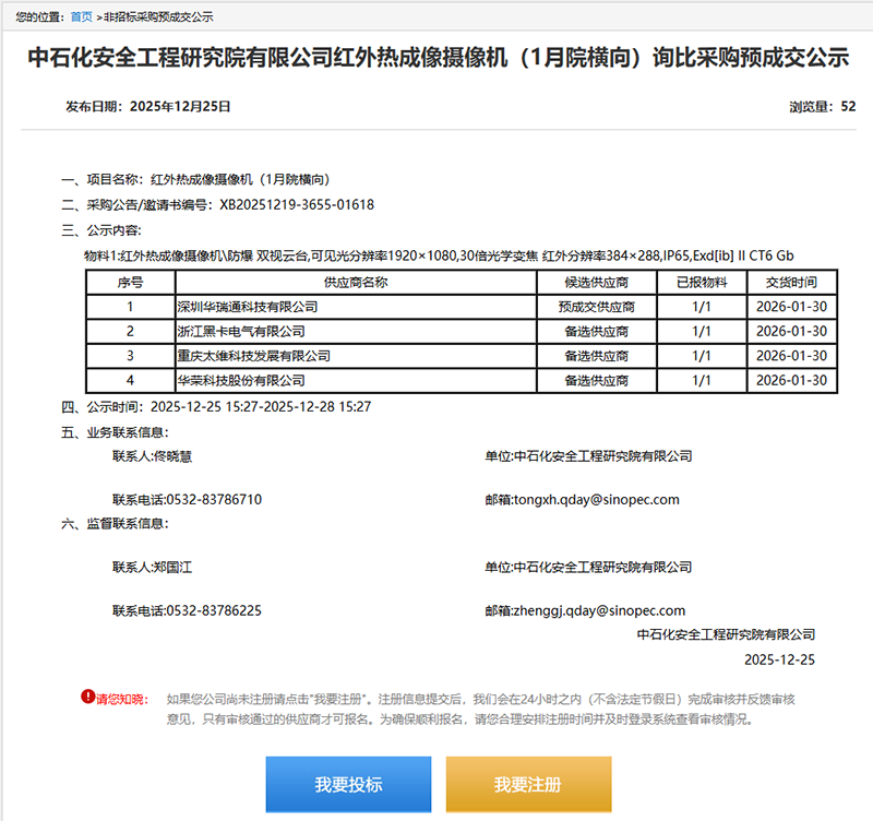 中石化安全工程研究院有限公司紅外熱成像攝像機(jī)(1月院橫向)詢(xún)比采購(gòu)預(yù)成交公示、深圳華瑞通科技有限公司成為預(yù)成交供應(yīng)商